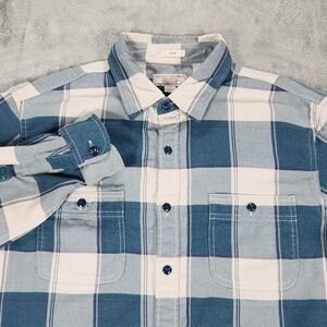 Wallace & Barnes Shirt Mens Large Blue Plaid Flannel Slim Long Sleeve Button Up